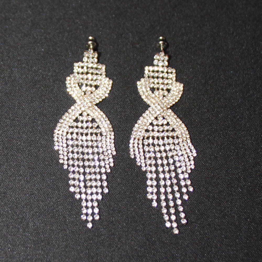 White Rhinestone Dangle Earrings - Picture 4 of 4